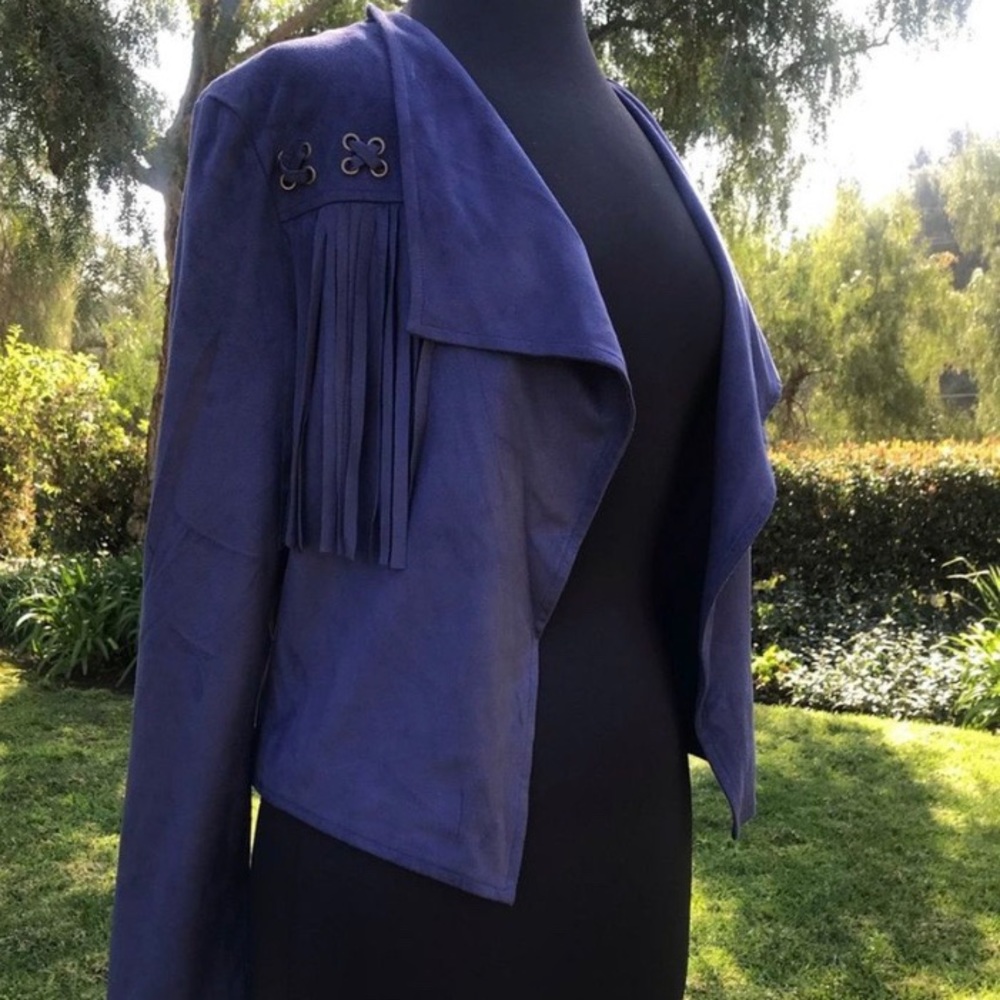 Shinestar Blue Faux Suede Cropped Fringe Jacket